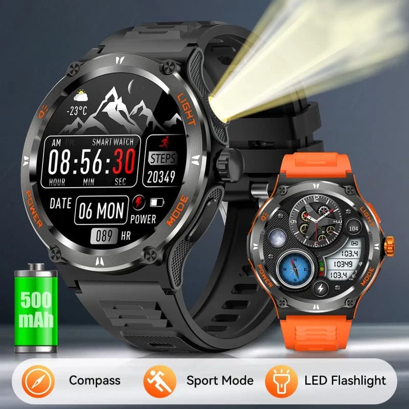 KT76 Outdoor Sport Smart Watch 1.53-inch HD Touch Screen 3ATM Waterproof Multifunction Smartwatch Ultra Powerful Flashlight Compass Heart & Health Monitoring