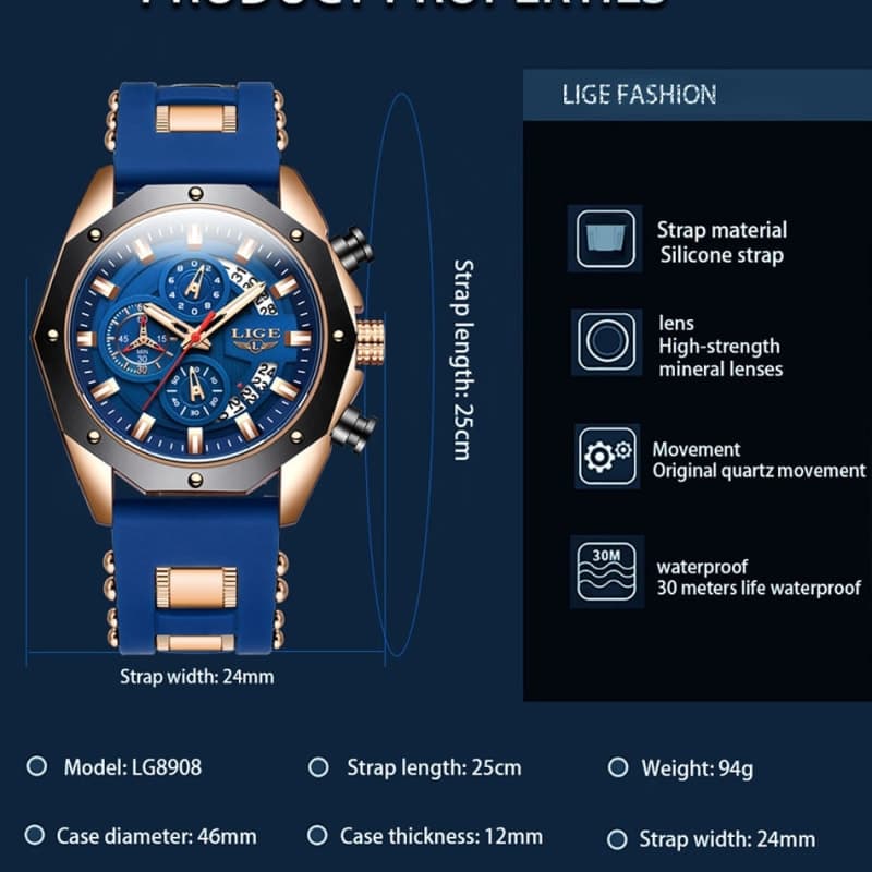 2025 LIGE New 8908 Mens Watches Top New Luxury Silicone Sport Watch Men Quartz Date Clock Waterproof Wristwatch Chronograph